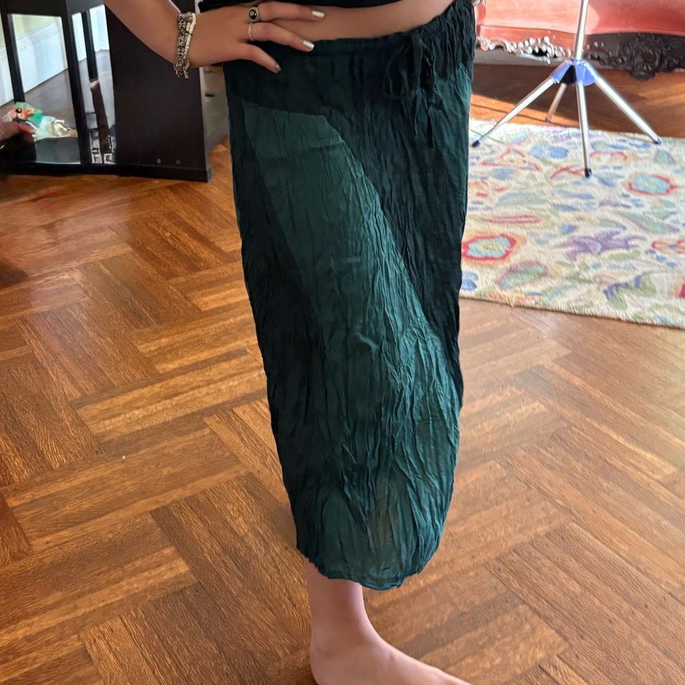 Floating Lotus Boho Teal on Green Patchwork Crinkle Midi Skirt
